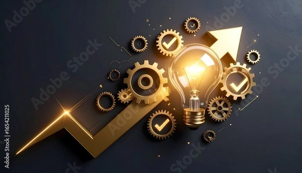 Fototapeta A glowing lightbulb, gears, checkmarks, and an upward arrow in gold tones on a dark surface symbolize innovation, progress, and success.