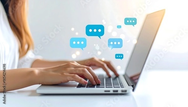 Fototapeta A woman typing on a laptop with blue speech bubbles floating, symbolizing online communication, messaging, or a chatbot interface.
