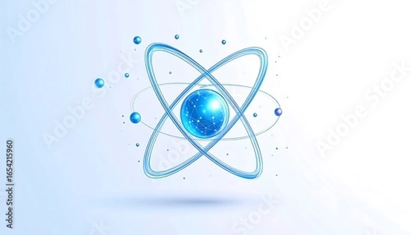 Fototapeta An abstract representation of an atom with a glowing blue nucleus and orbiting electrons against a light blue background.