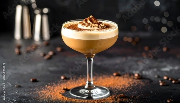 Fototapeta an elegant coffee cocktail in a coupe glass, topped with a swirl of cream and a dusting of cocoa powder.