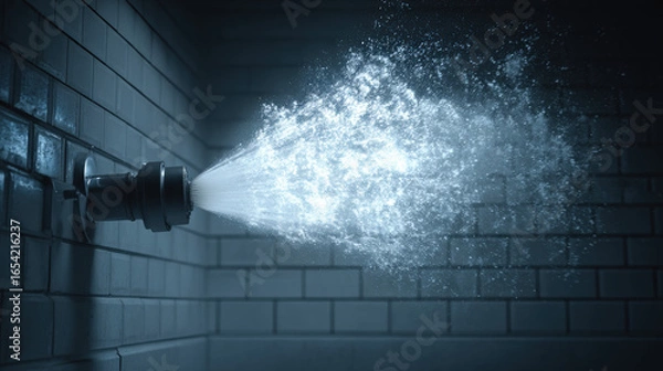 Fototapeta burst kitchen hose nozzle spraying fan-shaped water mist against glossy subway tiles dramatic backlighting photorealistic splash detail illustration concept scene visual for commercial design use high