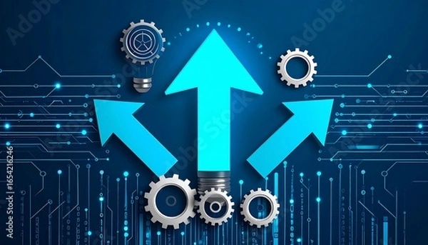 Fototapeta Arrows and gears on circuit board symbolize technological growth, innovation, and business progress.