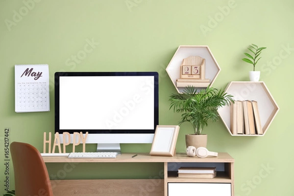 Fototapeta Comfortable workplace with modern PC monitor, headphones, shelves and calendars hanging on color wall