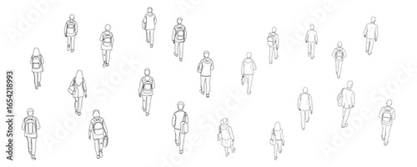 Fototapeta Architectural drawings of walking student top back perspective silhouette vector illustration for urban design educational campus planning layouts pedestrian movement and crowd visualization
