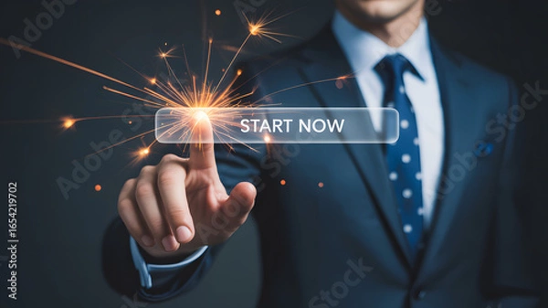 Obraz Businessman presses "START NOW" button with sparks flying, initiating action