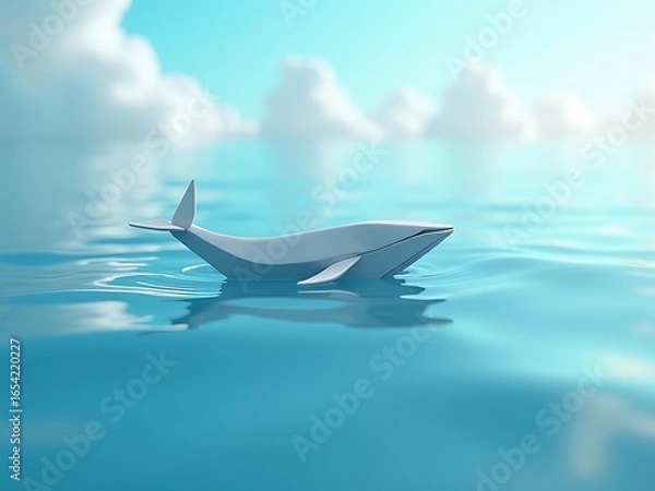 Fototapeta A delicate origami whale swims in a surreal ocean of shimmering light with soft pastel reflections.
