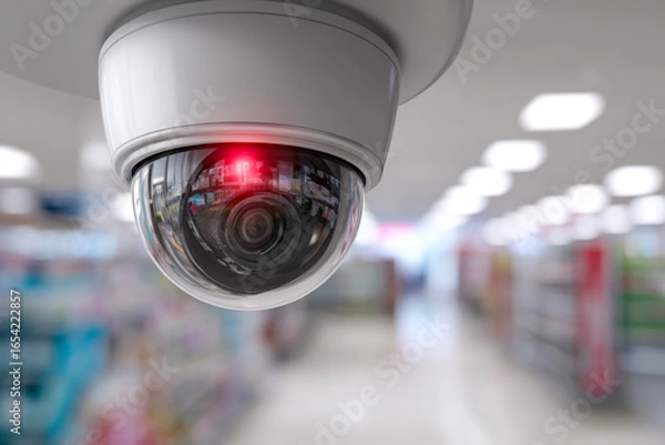 Fototapeta Security camera monitoring a retail store aisle