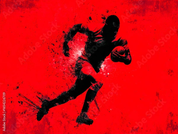 Fototapeta Dynamic silhouette of an athlete running with a rugby ball against a vibrant red background