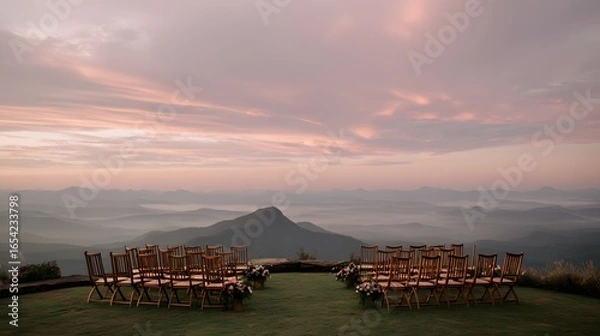 Fototapeta A beautiful view of mountains with a large open field and a long line of chairs set up for a wedding ceremony