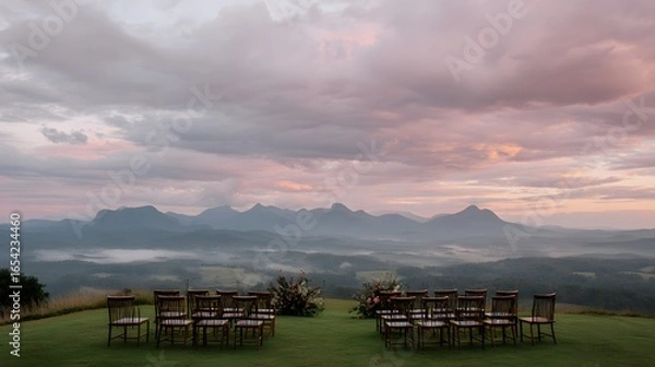 Fototapeta A beautiful view of mountains with a large open field and a long line of chairs set up for a wedding ceremony