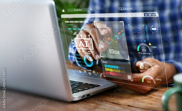 Obraz Businessman use artificial intelligence AI technology for enhanced work efficiency data analysis and efficient tools, Unlocking work potential with AI solutions chatbot help solve work problems.