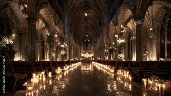Fototapeta A large church with a long aisle of tables and chairs. The tables are lit with candles and the room is very warm and inviting