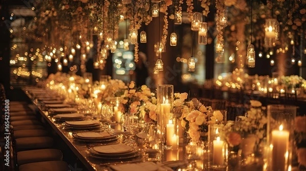 Fototapeta A long table with candles and flowers is lit up. Scene is warm and inviting