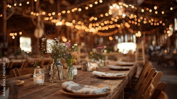 Fototapeta A long table with candles and flowers is lit up. Scene is warm and inviting