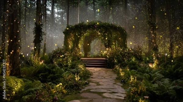 Fototapeta A forest with a stone archway and a path leading to it. The archway is lit up and surrounded by flowers
