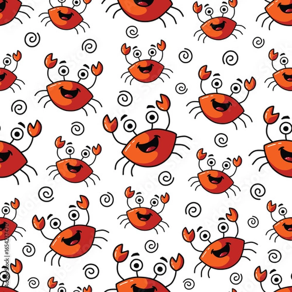 Fototapeta Seamless Vector Cartoon Hand Drawn Happy Crabs Pattern Design In White Background