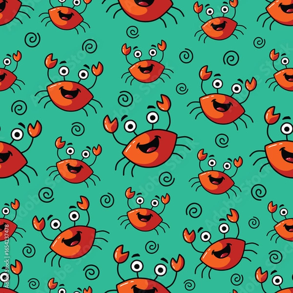 Fototapeta Seamless Vector Cartoon Hand Drawn Happy Crabs Pattern Design In Turquoise Background