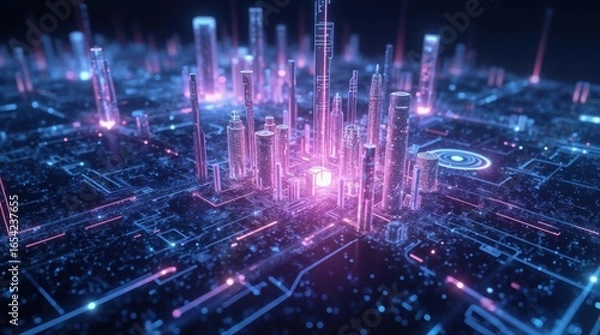Fototapeta Abstract 3D render of a futuristic city rising from a glowing circuit board