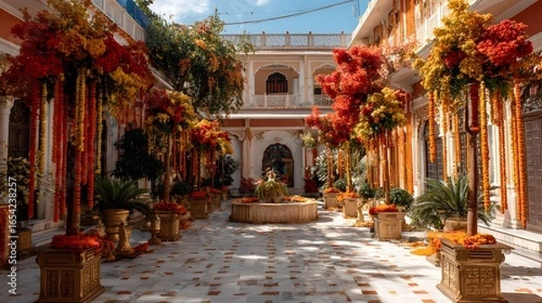 Fototapeta The courtyard is filled with vibrant orange and yellow flowers and trees, creating a warm and inviting atmosphere. The flowers are arranged in various potted plants and hanging baskets