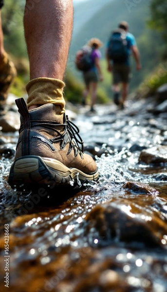 Obraz Close-up of hiker’s shoe splashing through rocky creek, outdoor adventure scene.
