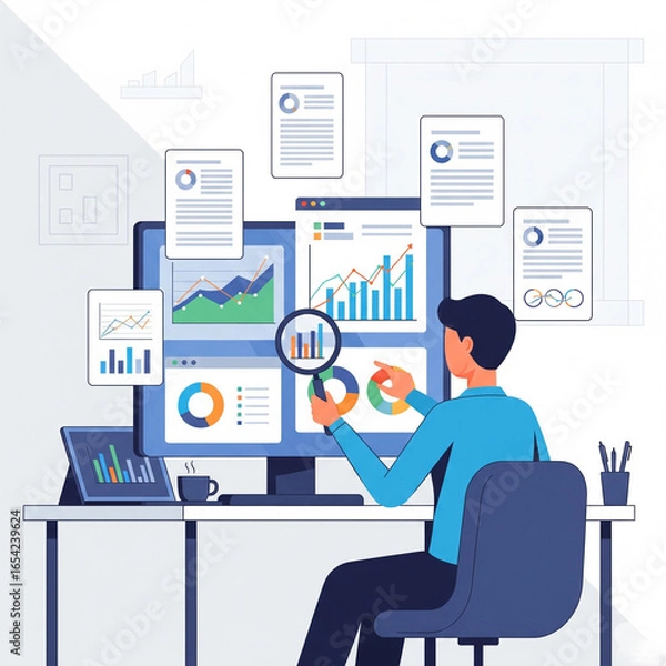 Obraz  Flat vector illustration of business analyst working with financial charts and reports