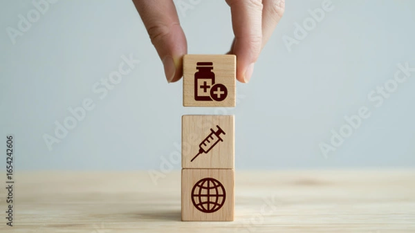 Fototapeta Global vaccination concept with hand stacking medicine and syringe blocks