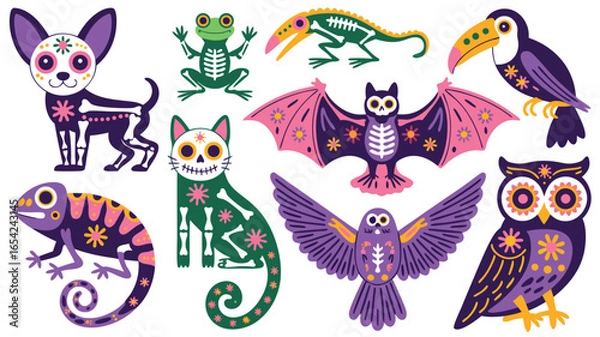 Fototapeta Colorful Day of the Dead Animals Dog, Cat, Bat, Owl, Chameleon Illustration