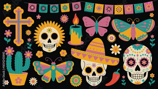 Fototapeta Colorful Dia de los Muertos Illustration with Skulls, Butterflies, Cactus, and Sombrero Hat on Black Background