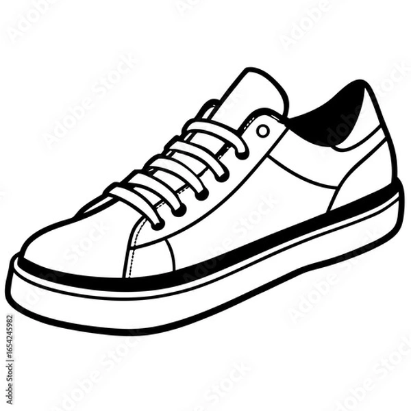 Fototapeta Black and white outline of a low-top sneaker with laces on a white background shoe footwear