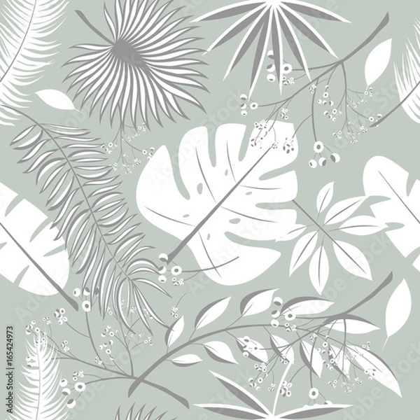 Obraz Exotic leaves, rainforest. Seamless realistic tropic leaf pattern. Palm leaf, banana leaf, hibiscus, plumeria flowers. Jungle trees.Botanical floral illustration. Set of trendy illustrations.