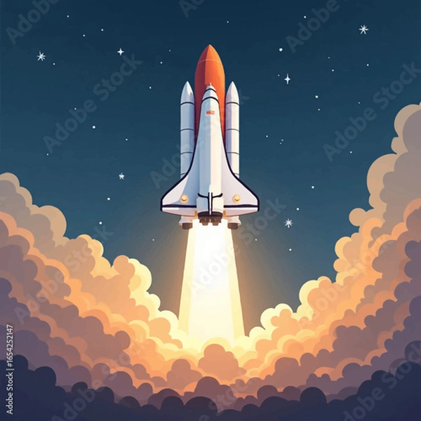Fototapeta A rocket ship launches into a starry night sky, surrounded by clouds and emitting a bright light trail.