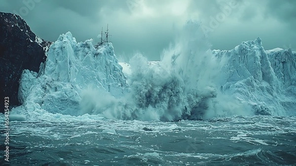Fototapeta A colossal glacier calving into the icy sea, a massive chunk of ice breaking away, crashing into the frigid waters  