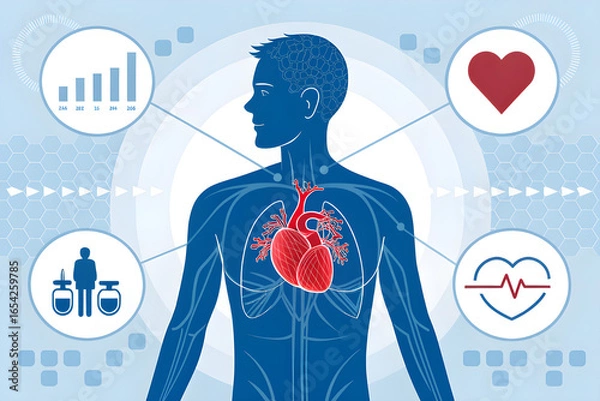 Obraz Medical Infographic Illustration of Male Chest with Highlighted Red Heart – Healthcare and Heart Health Concept