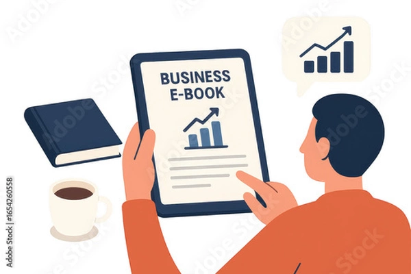 Fototapeta Person is holding tablet displaying business e book with growth chart, symbolizing digital learning and business growth. book, coffee cup, and speech bubble with chart are nearby