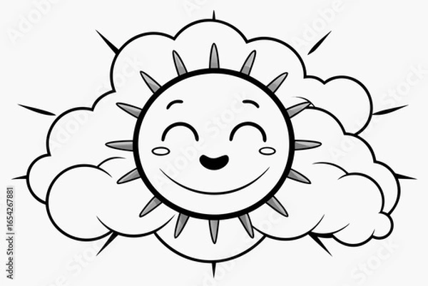 Obraz Happy cartoon sun emerging from clouds with rays