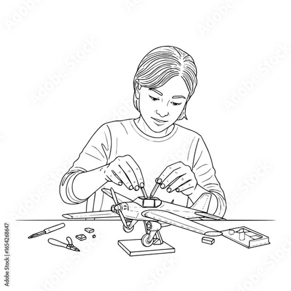Fototapeta Girl is assembling a model airplane with tools and small parts on a table in a black and white line drawing