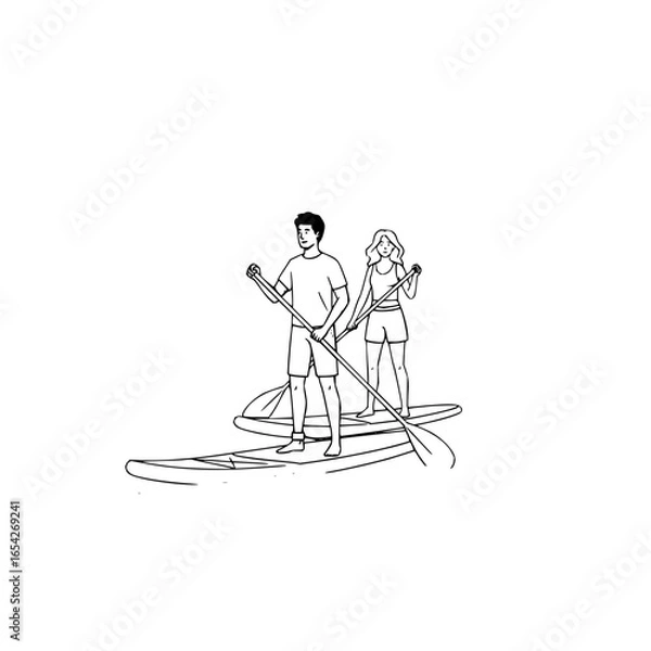 Fototapeta A couple paddle boarding together on a bright white background with paddles in their hands and boards afloat
