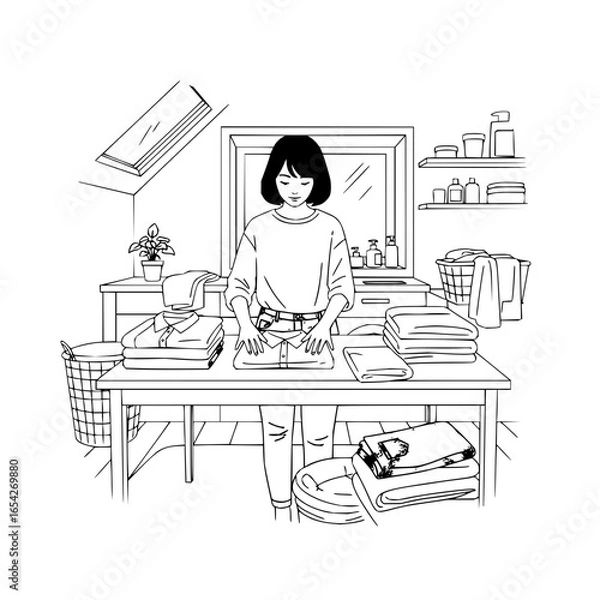 Fototapeta Woman folding laundry in a bright room with folded clothes and laundry baskets in the background