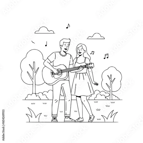 Fototapeta A couple singing together with a guitar in a park with trees clouds and music notes in black and white