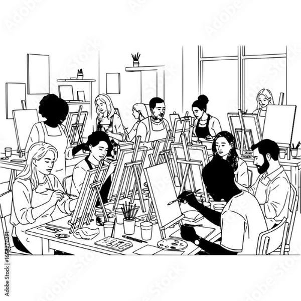 Fototapeta Line drawing of a group of people in an art class painting on canvases with easels in a studio setting