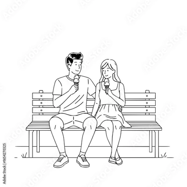 Fototapeta A couple enjoys ice cream together while sitting on a park bench in a simple black and white drawing