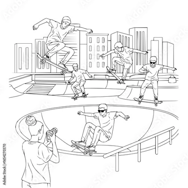 Fototapeta Line art illustration of skaters performing tricks in a skatepark with city buildings in the back