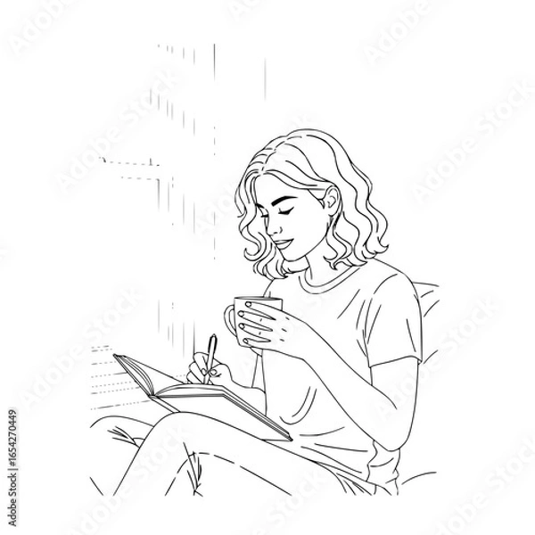 Fototapeta Woman with wavy hair writing in a notebook while holding a cup of coffee in a line art style