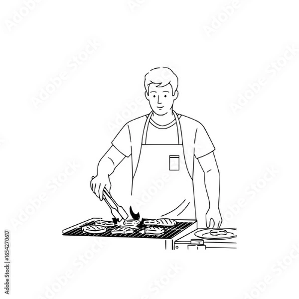 Fototapeta Man in apron grilling meat on a barbecue with tongs in a simple black and white line drawing style