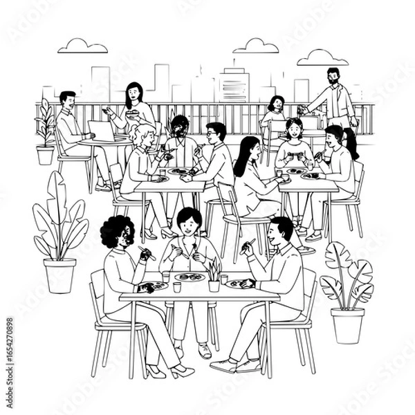 Fototapeta Line drawing of people dining on a rooftop terrace with city skyline and potted plants visible in background