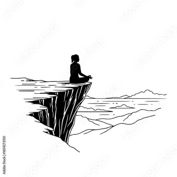 Fototapeta Silhouette of a woman meditating on a cliff overlooking a distant mountain range and body of water scene