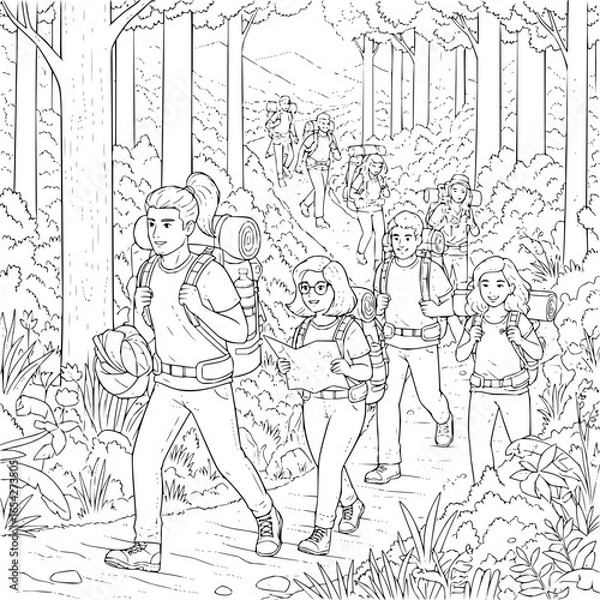 Fototapeta A group of hikers with backpacks walking through a forest on a trail with tall trees around them