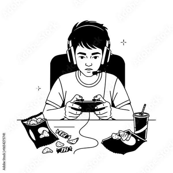 Fototapeta A young man engrossed in video games with snacks and a drink on the table in black and white style