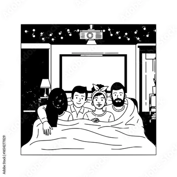 Fototapeta A family watching a movie together under a blanket in a room with string lights and a projector