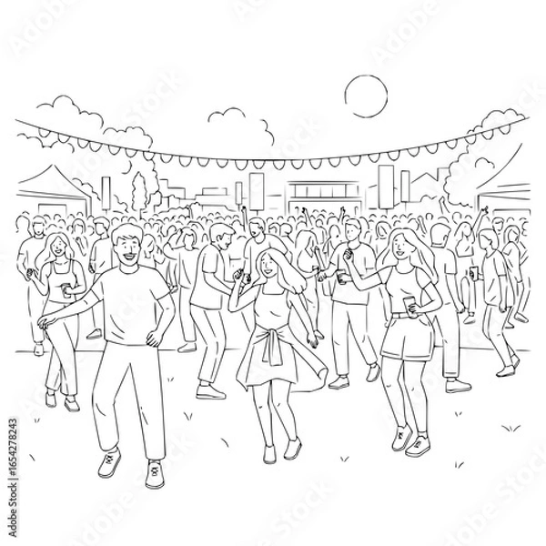 Fototapeta Line art illustration of a large crowd of people dancing at an outdoor music festival event scene